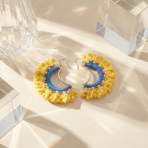Handmade Crochet Sunrise Hoop Earrings with Soft Yellow Fringe, Lightweight Half-Circle Boho Statement Earrings, 925 Sterling Silver Hooks – KnitAra Sunlit Crescent in Saudi Arabia