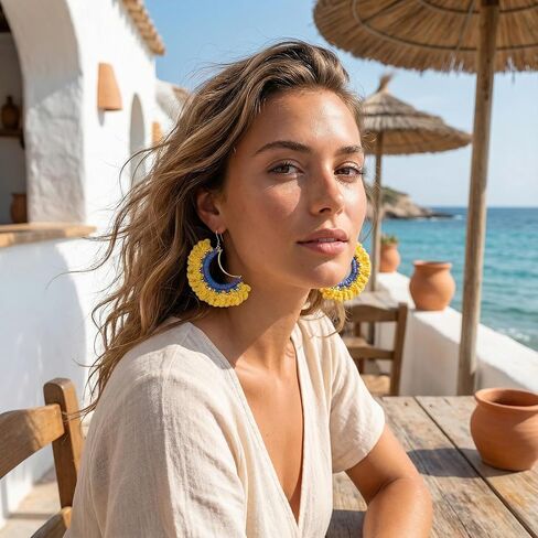 Handmade Crochet Sunrise Hoop Earrings with Soft Yellow Fringe, Lightweight Half-Circle Boho Statement Earrings, 925 Sterling Silver Hooks – KnitAra Sunlit Crescent in Saudi Arabia