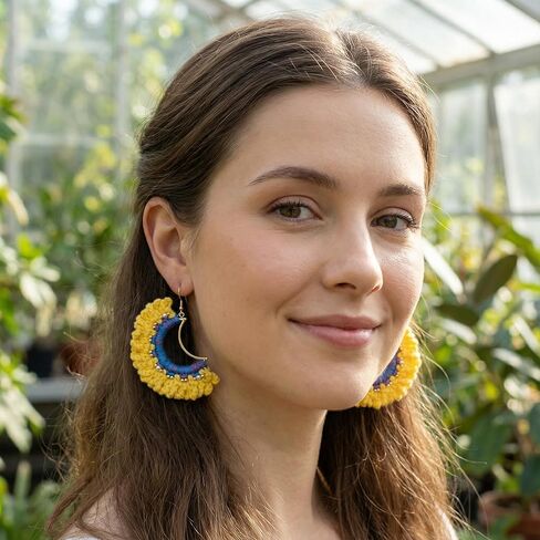 Handmade Crochet Sunrise Hoop Earrings with Soft Yellow Fringe, Lightweight Half-Circle Boho Statement Earrings, 925 Sterling Silver Hooks – KnitAra Sunlit Crescent in Saudi Arabia