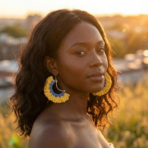 Handmade Crochet Sunrise Hoop Earrings with Soft Yellow Fringe, Lightweight Half-Circle Boho Statement Earrings, 925 Sterling Silver Hooks – KnitAra Sunlit Crescent in Saudi Arabia