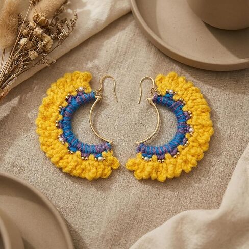 Handmade Crochet Sunrise Hoop Earrings with Soft Yellow Fringe, Lightweight Half-Circle Boho Statement Earrings, 925 Sterling Silver Hooks – KnitAra Sunlit Crescent in Saudi Arabia