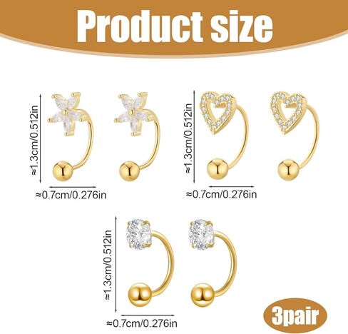 3 Pairs Backless Earrings for Women, Half Hoop Earrings Tiny Huggie Hoop Earrings Screw Back Small Stud with Cubic Zirconia, No Back Small Cartilage Jewelry Accessrioes in Saudi Arabia