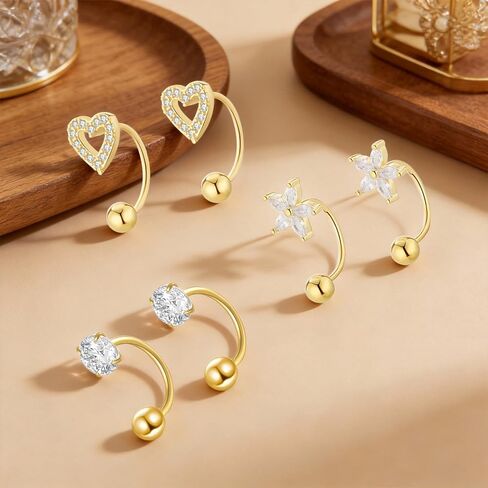 3 Pairs Backless Earrings for Women, Half Hoop Earrings Tiny Huggie Hoop Earrings Screw Back Small Stud with Cubic Zirconia, No Back Small Cartilage Jewelry Accessrioes in Kuwait