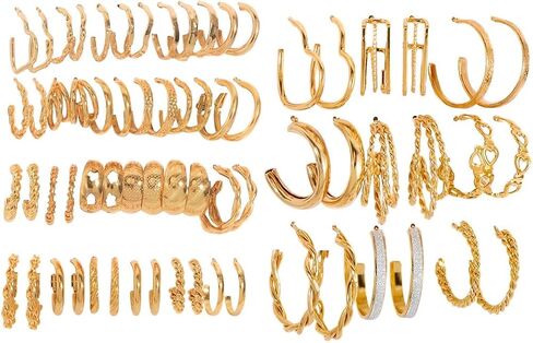 24 Pairs Golden Hoop Earrings Set for Women, Fashion Chunky Multipack Twisted Statement Hypoallergenic Small Big Hoops for Birthday Party in Kuwait