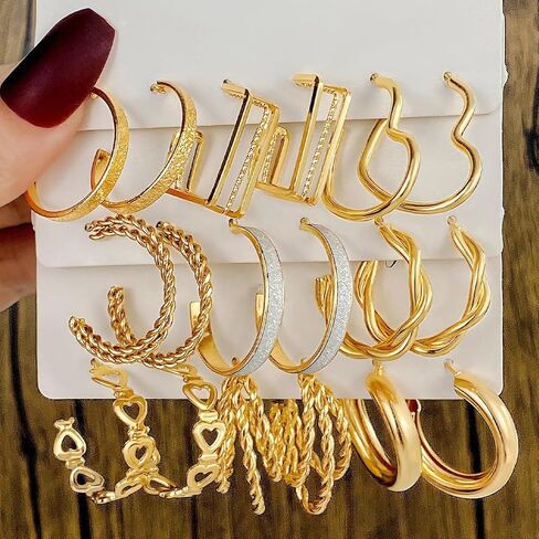 24 Pairs Golden Hoop Earrings Set for Women, Fashion Chunky Multipack Twisted Statement Hypoallergenic Small Big Hoops for Birthday Party in Kuwait
