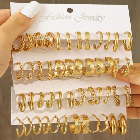 24 Pairs Golden Hoop Earrings Set for Women, Fashion Chunky Multipack Twisted Statement Hypoallergenic Small Big Hoops for Birthday Party in Kuwait