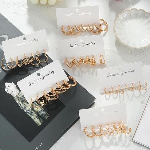 24 Pairs Golden Hoop Earrings Set for Women, Fashion Chunky Multipack Twisted Statement Hypoallergenic Small Big Hoops for Birthday Party in Kuwait
