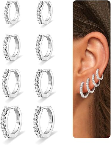 4 Pairs Sterling Silver Hoop Earrings Trendy 14K Gold Plated Hoop Earrings Set for Women Hypoallergenic Small Huggie Cartilage Earring with 5A Cubic Zirconia 7/8/9/10mm in Saudi Arabia