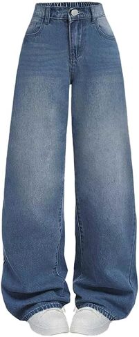 Nivne Tco Teen Girl Baggy Jeans Casual Elastic Waist & Zipper Fly Loose Fit Denim Trousers Wide Leg Denim Pants with Pockets in Kuwait