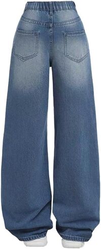 Nivne Tco Teen Girl Baggy Jeans Casual Elastic Waist & Zipper Fly Loose Fit Denim Trousers Wide Leg Denim Pants with Pockets in Saudi Arabia