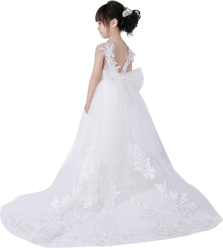 Pettigirl Girls White Flower Lace Wedding Dresses with Train Kids Toddler Elegant Pageant Prom Ball Gown Party Clothing in Saudi Arabia