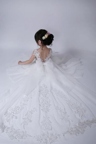 Pettigirl Girls White Flower Lace Wedding Dresses with Train Kids Toddler Elegant Pageant Prom Ball Gown Party Clothing in Saudi Arabia