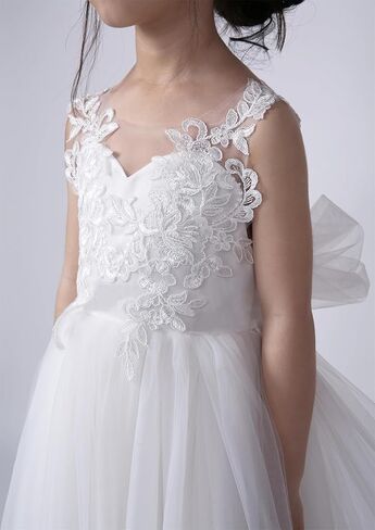 Pettigirl Girls White Flower Lace Wedding Dresses with Train Kids Toddler Elegant Pageant Prom Ball Gown Party Clothing in Saudi Arabia