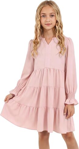 Cubear Girls' Casual A-Line Dress with Ruffle Hem Long Sleeve V-Neck Pocket Teen Girls Dress Tween Junior Dresses, 5-14 Years in Kuwait