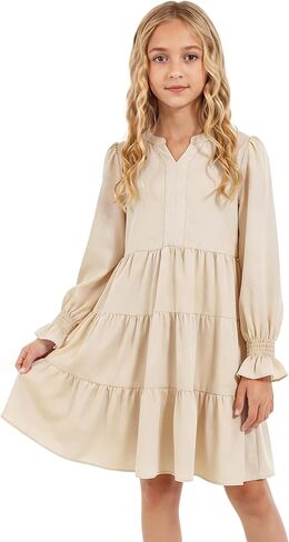 Cubear Girls' Casual A-Line Dress with Ruffle Hem Long Sleeve V-Neck Pocket Teen Girls Dress Tween Junior Dresses, 5-14 Years in Saudi Arabia