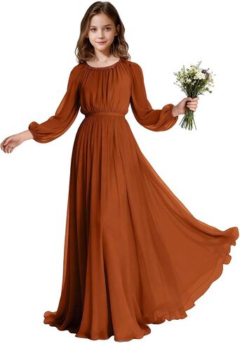 Long Sleeve Junior Bridesmaid Dresses Chiffon Flower Girl Dress Wedding Guest Dress Girls Formal Pageant Party Gown in Saudi Arabia