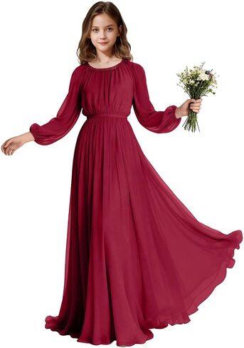 Long Sleeve Junior Bridesmaid Dresses Chiffon Flower Girl Dress Wedding Guest Dress Girls Formal Pageant Party Gown in Saudi Arabia
