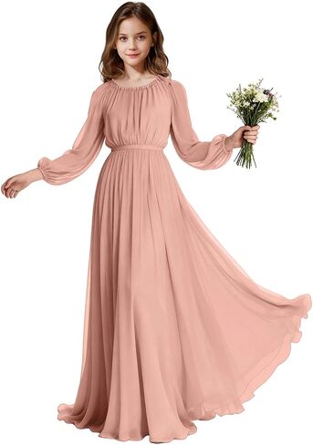 Long Sleeve Junior Bridesmaid Dresses Chiffon Flower Girl Dress Wedding Guest Dress Girls Formal Pageant Party Gown in Saudi Arabia