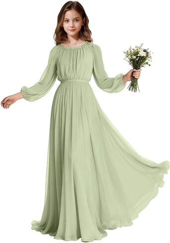 Long Sleeve Junior Bridesmaid Dresses Chiffon Flower Girl Dress Wedding Guest Dress Girls Formal Pageant Party Gown in Saudi Arabia