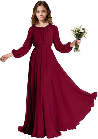 Long Sleeve Junior Bridesmaid Dresses Chiffon Flower Girl Dress Wedding Guest Dress Girls Formal Pageant Party Gown in Saudi Arabia