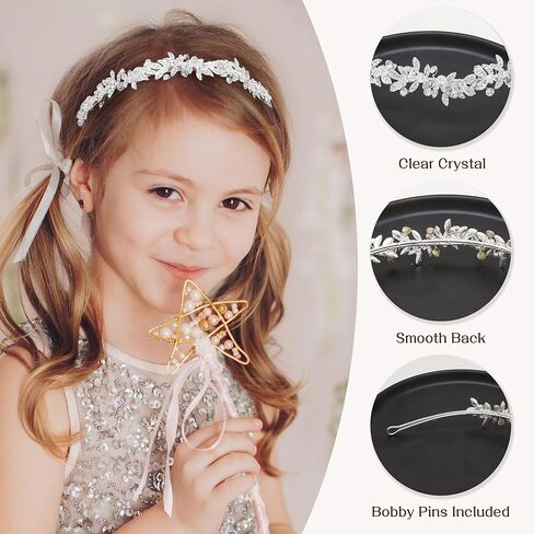 Oriamour Flower Girl Headbands, Flower Girl Hair Accessory, Silver Wedding Headpiece for Girls, Princess Crystal Hair Accessories with Clear Beads for Birthday, Party, First Communion,Wedding in Kuwait