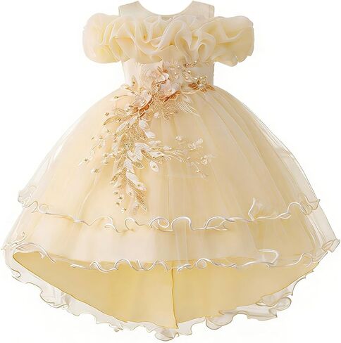 Lamgool Flower Girls Formal Dress Tulle Pageant Gown Off Shoulder Floral Embroidered Birthday Party Princess High-Low Dress in Saudi Arabia