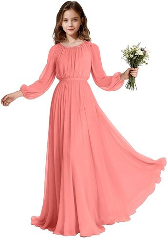 Long Sleeve Junior Bridesmaid Dresses Chiffon Flower Girl Dress Wedding Guest Dress Girls Formal Pageant Party Gown in Kuwait