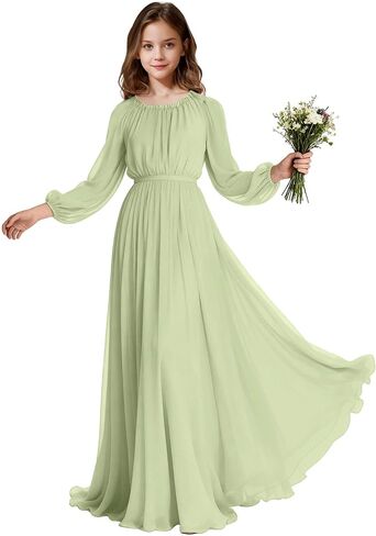 Long Sleeve Junior Bridesmaid Dresses Chiffon Flower Girl Dress Wedding Guest Dress Girls Formal Pageant Party Gown in Saudi Arabia