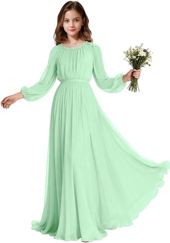 Long Sleeve Junior Bridesmaid Dresses Chiffon Flower Girl Dress Wedding Guest Dress Girls Formal Pageant Party Gown in Saudi Arabia