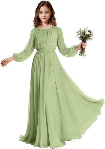 Long Sleeve Junior Bridesmaid Dresses Chiffon Flower Girl Dress Wedding Guest Dress Girls Formal Pageant Party Gown in Saudi Arabia