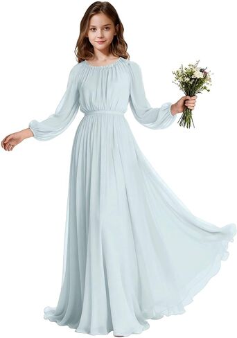 Long Sleeve Junior Bridesmaid Dresses Chiffon Flower Girl Dress Wedding Guest Dress Girls Formal Pageant Party Gown in Saudi Arabia