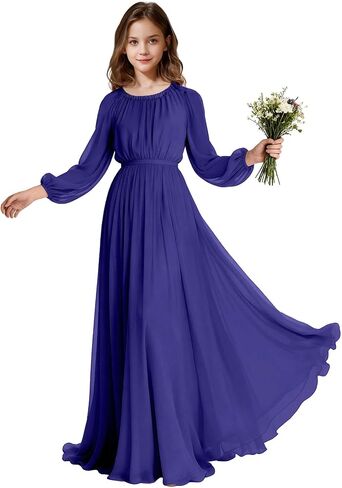 Long Sleeve Junior Bridesmaid Dresses Chiffon Flower Girl Dress Wedding Guest Dress Girls Formal Pageant Party Gown in Saudi Arabia