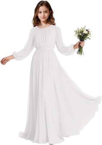 Long Sleeve Junior Bridesmaid Dresses Chiffon Flower Girl Dress Wedding Guest Dress Girls Formal Pageant Party Gown in Saudi Arabia
