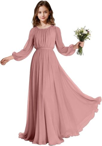 Long Sleeve Junior Bridesmaid Dresses Chiffon Flower Girl Dress Wedding Guest Dress Girls Formal Pageant Party Gown in Saudi Arabia
