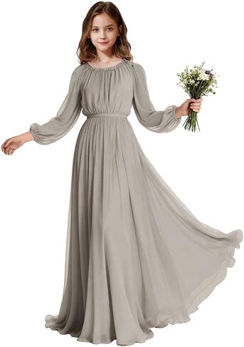 Long Sleeve Junior Bridesmaid Dresses Chiffon Flower Girl Dress Wedding Guest Dress Girls Formal Pageant Party Gown in Saudi Arabia