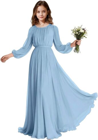 Long Sleeve Junior Bridesmaid Dresses Chiffon Flower Girl Dress Wedding Guest Dress Girls Formal Pageant Party Gown in Saudi Arabia