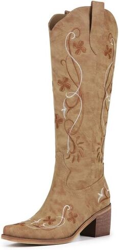 ZJA Women's Cowgirl Knee High Western Boots Cowboy Tall Floral Embroidered Pointed Toe Chunky Heel Long Vintage Pull On Boots in Saudi Arabia