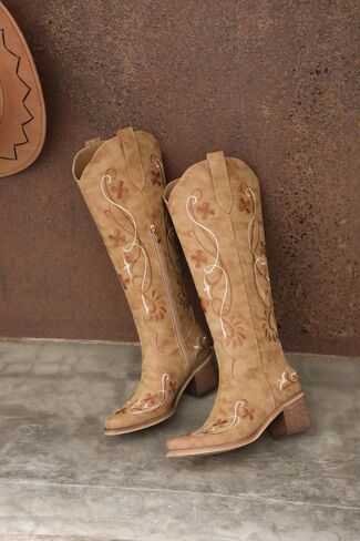 ZJA Women's Cowgirl Knee High Western Boots Cowboy Tall Floral Embroidered Pointed Toe Chunky Heel Long Vintage Pull On Boots in Saudi Arabia