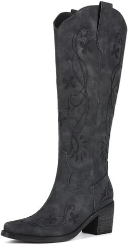 ZJA Women's Cowgirl Knee High Western Boots Cowboy Tall Floral Embroidered Pointed Toe Chunky Heel Long Vintage Pull On Boots in Saudi Arabia