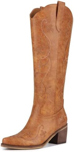 ZJA Women's Cowgirl Knee High Western Boots Cowboy Tall Floral Embroidered Pointed Toe Chunky Heel Long Vintage Pull On Boots in Saudi Arabia
