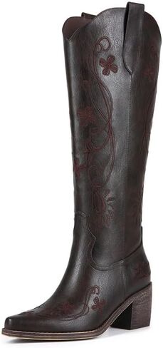ZJA Women's Cowgirl Knee High Western Boots Cowboy Tall Floral Embroidered Pointed Toe Chunky Heel Long Vintage Pull On Boots in Saudi Arabia