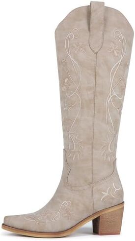 ZJA Women's Cowgirl Knee High Western Boots Cowboy Tall Floral Embroidered Pointed Toe Chunky Heel Long Vintage Pull On Boots in Saudi Arabia