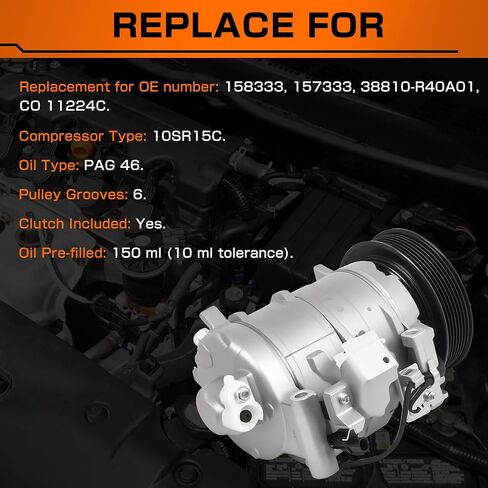 Air Conditioner AC Compressor Compatible with Honda Accord 2008-2012 2.4L Crosstour 2012-2015 2.4L with Clutch Replacement for 38810-R40A01 158333 157333 CO 11224C in Saudi Arabia