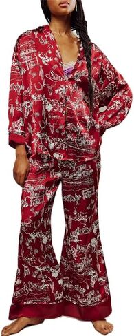 Women Y2k Satin Pajamas Set Floral Print Long Sleeve Button Shirt Wide Leg Pants 2 Piece Silk Lounge Set in Kuwait
