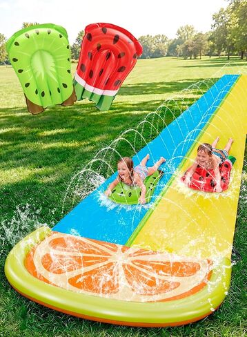Sloosh Water Slides with 2 Inflatable Boards,22.5ft Double Lane Lawn Water Splash Slip and Slide with Advanced Sprinklers Summer Toy for Kids Adults Fun Backyard Summer Outdoor, Orange in Kuwait