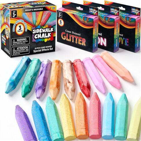 JOYIN 36 PCS Washable Sidewalk Chalks Set in 6 Packs, 18 Colors, Including 12 Tie Dye, 12 Glitter & 12 Neon Color Outdoor Chalks for Painting, Drawing, Gifts for Kids in Saudi Arabia
