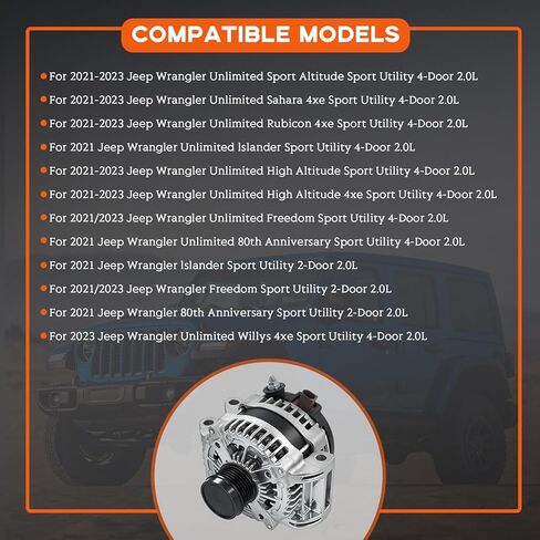 56029809AA Alternator 12V 240A Compatible With 2018 2019 2020 2021 2022 2023 J-eep Wrangler 2.0L 6-Groove Pulley Replace 104211-1091 in Kuwait