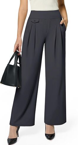 Womens Wide Leg Dress Pants Yoga Work Pants Pull On High Waist Stretch Business Casual Slacks with Pockets, Dark Gray L in Saudi Arabia