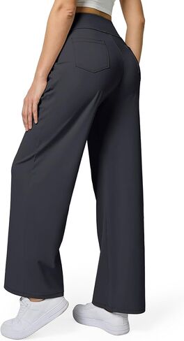 Womens Wide Leg Dress Pants Yoga Work Pants Pull On High Waist Stretch Business Casual Slacks with Pockets, Dark Gray L in Saudi Arabia
