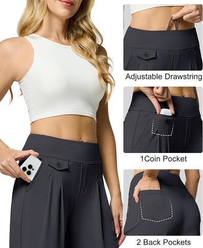 Womens Wide Leg Dress Pants Yoga Work Pants Pull On High Waist Stretch Business Casual Slacks with Pockets, Dark Gray L in Saudi Arabia